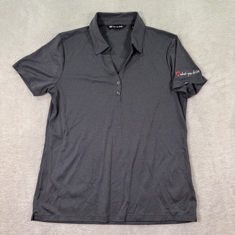 Travis Mathew Women Large Golf Polo Shirt Love What You Drive Logo Gray Preppy